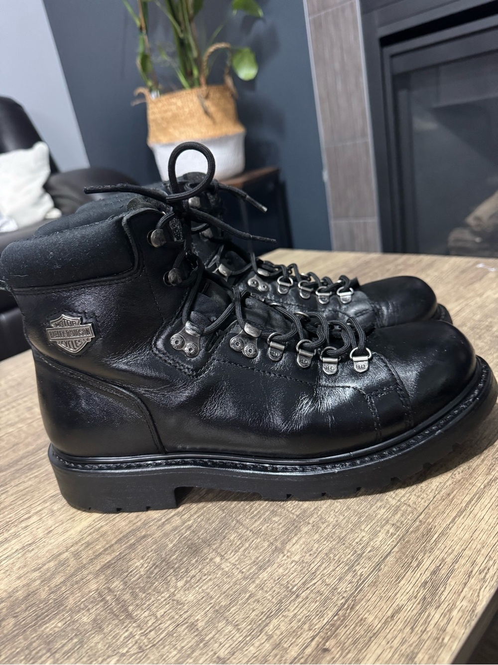 Harley-Davidson Black Leather Lace-Up Moto Ankle Boots